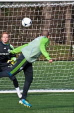 Ozzie sends a header at trialist keeper Tyrel Lacey